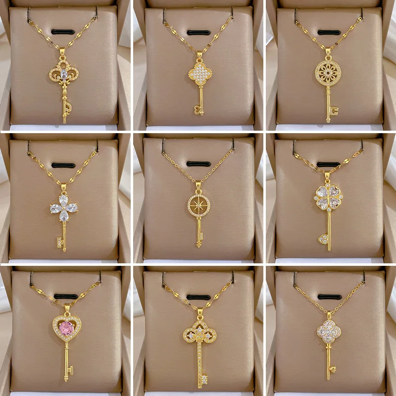 

Light Luxury Minimalist 18K Gold Plated Zircon Love Key Necklace For Women Titanium Steel Clavicle Chain Couple Lover Gift