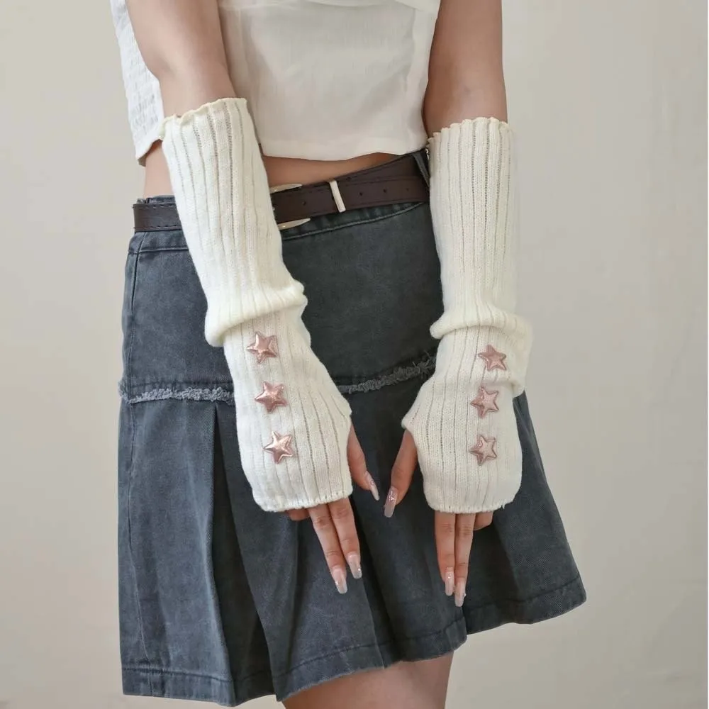 Elastic Knitted Fingerless Sleeves Long Gothic Y2K Star Arm Cover Half Palm Solid Color Warmer Long Cuff Cycling
