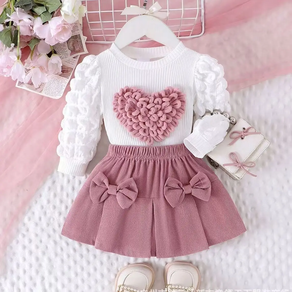 Girls Colorful Puff Sleeve Top Heart Patch Printed With Sweet Bow Skirt 2Pcs Set For School Stage Performance Daily Casual Wear