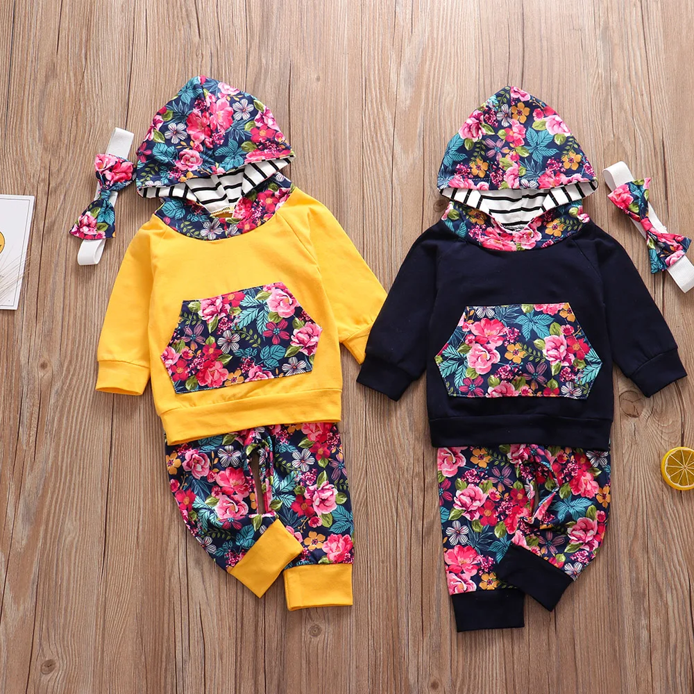 3Pcs Autumn Baby Girl Clothes Set Newborn Infant Outfit Fashion Hoodie Floral Pants Headband Pullover New Born Clothing Set Vest