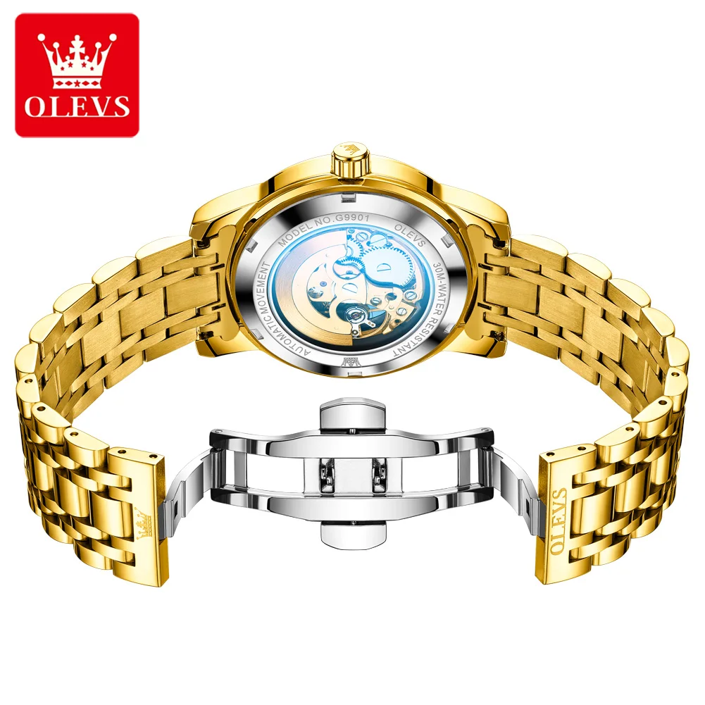 OLEVS 9901 Full Hollow Mechanical Watch for Men Stainless Steel Waterproof Luminous Skeleton Diamond Scale Automatic Wristwatch view 3
