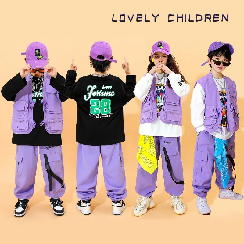 Kinder Hip Hop Sets Lila Weste Cargo Hosen Mädchen Streetwear Jungen Street Dance Jogger für Kinder Jazz Kostüm Kleidung