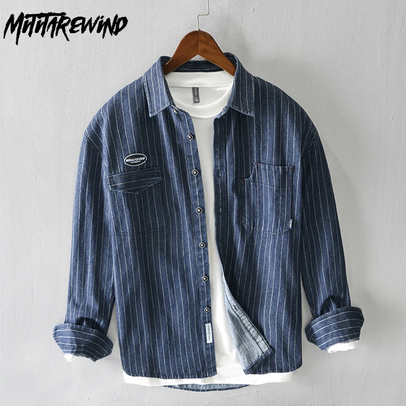 Vintage Long Sleeve Denim Shirt Men Casual Japan Cargo Shirt Striped Pocket Designer Shirt Fashion Streetwear Loose Jean Shirts