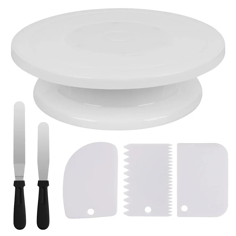 Plato giratorio para pasteles con 2 espátula en ángulo recto para glaseado, 3 raspadores más suaves para glaseado, Kit de decoración de pasteles, herramienta de accesorios para hornear, 6 uds.