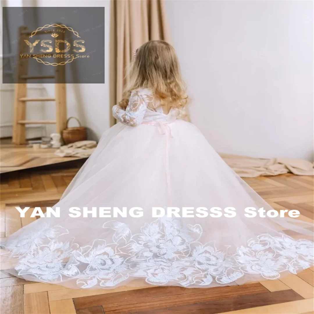 Vestidos de flores para niña, apliques de tul blanco con cinta rosa, manga larga para boda, fiesta, cumpleaños, vestidos de comunión