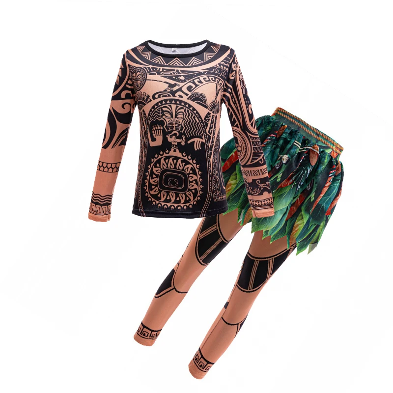 Disfraz De Maui Para Niños Con Camiseta De Tatuajes Y Falda De Hojas – Tamaño 110 Cm, Ideal Para Halloween Y Carnaval