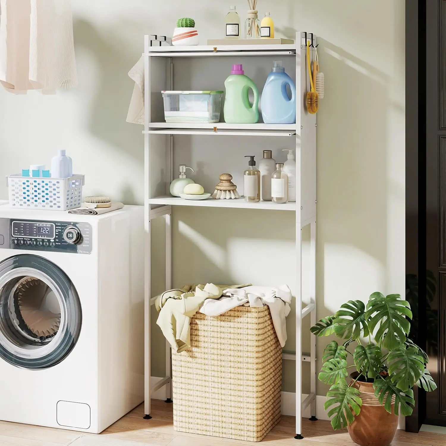 

Over The Toilet Storage Cabinet, reestanding Space Saver Above Toilet with 2 lip-up luted Do, 4 Hooks, Metal Stand, Over Toilet