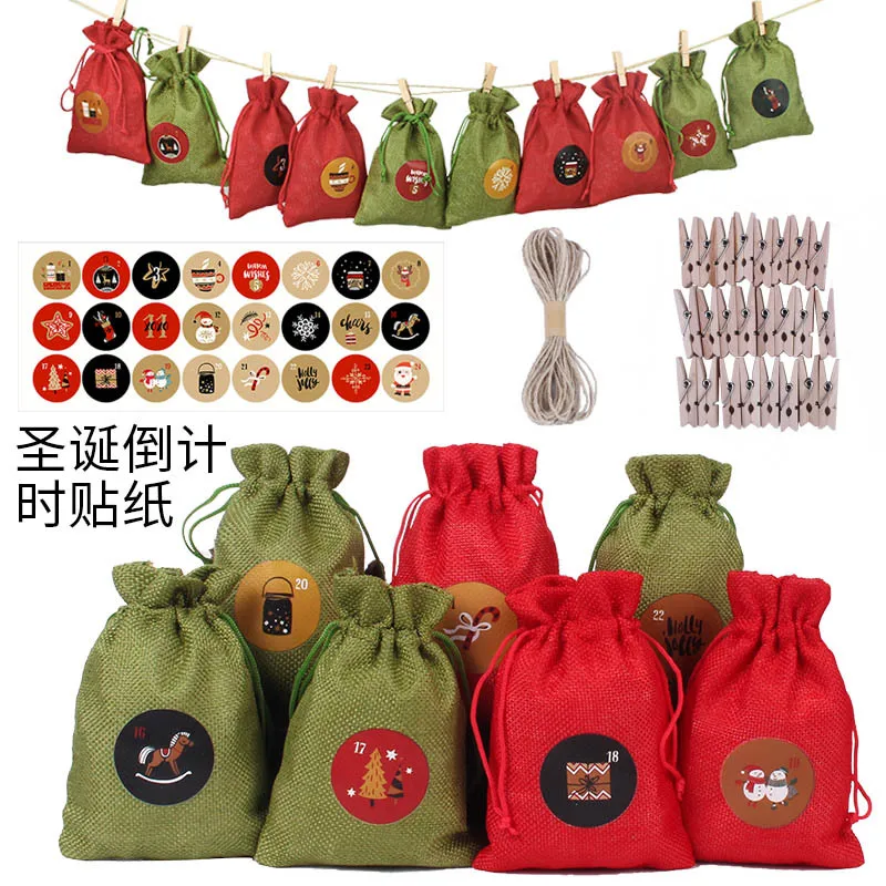 24pcs Christmas Advent Calendar Set - Festive for Holida-Themed Linen Candy Pouches for Party Favors and Decorations