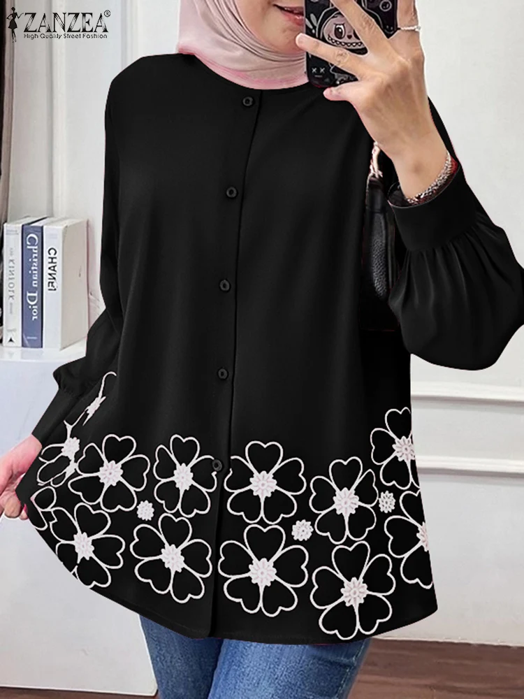 

ZANZEA Muslim Woman Shirts Casual Hijab O-Neck Long Sleeve Button Up Floral Print Chemises Femme Islamic Modest Commuting Tops