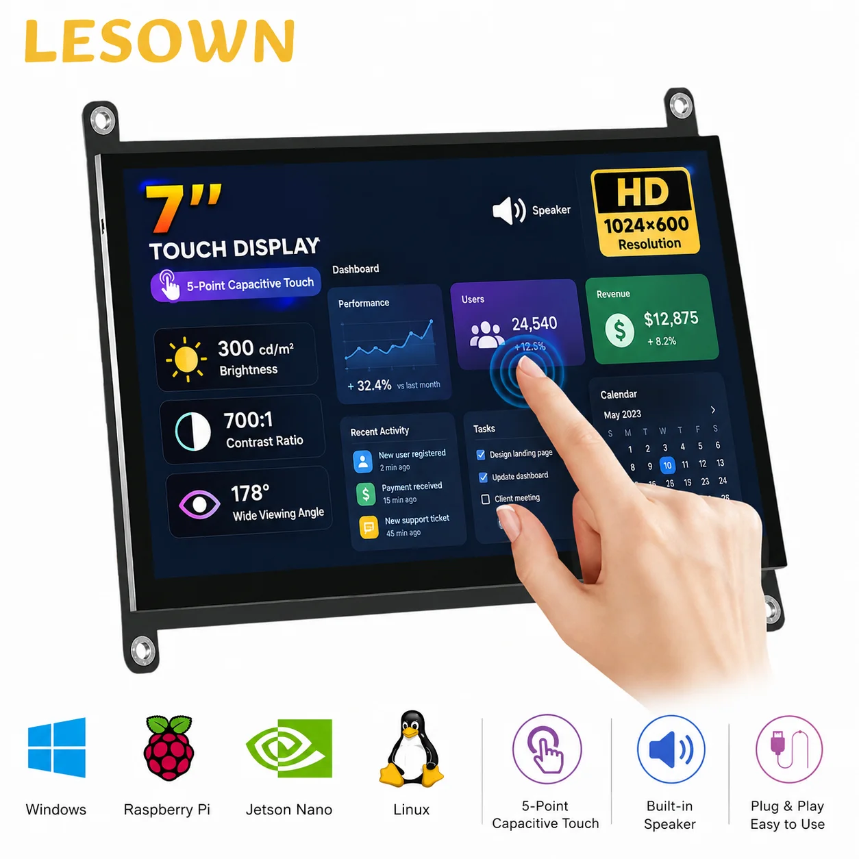 LESOWN 7 inch IPS LCD Assembly 1024x600 HDTV Dual Speakers Capacitive Touch Plug and Play for Raspberry Pi 4