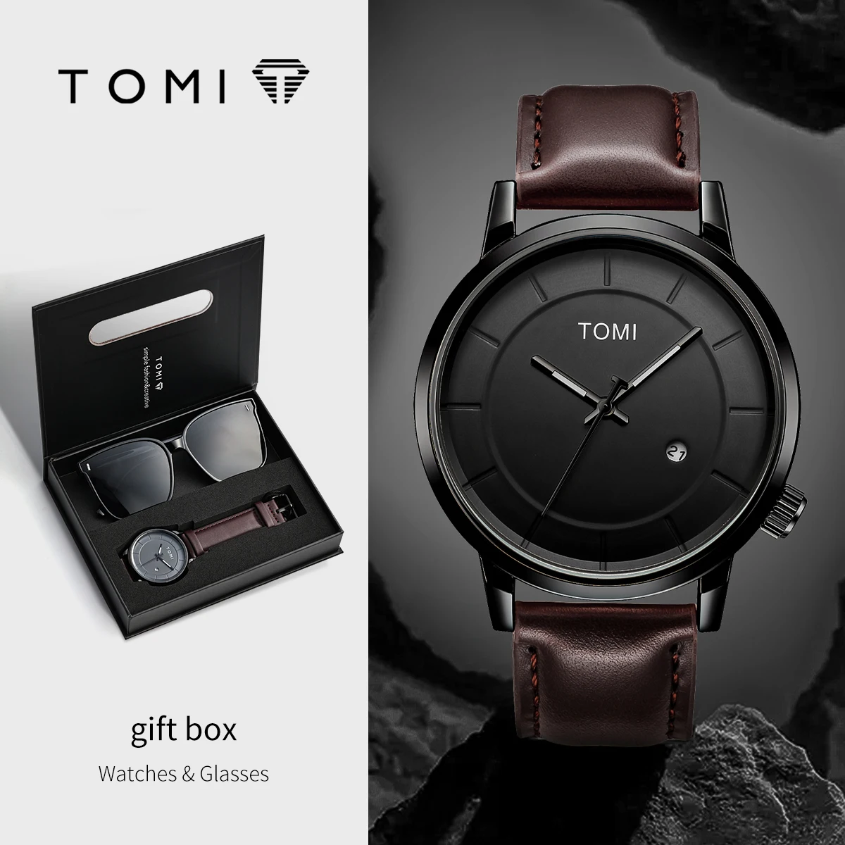 TOMI New 2PCS Casual Fashion Men Watch Gift Box Set Luxury Round Large Dial Calendar Men Quartz Watch Glasses Gift Box