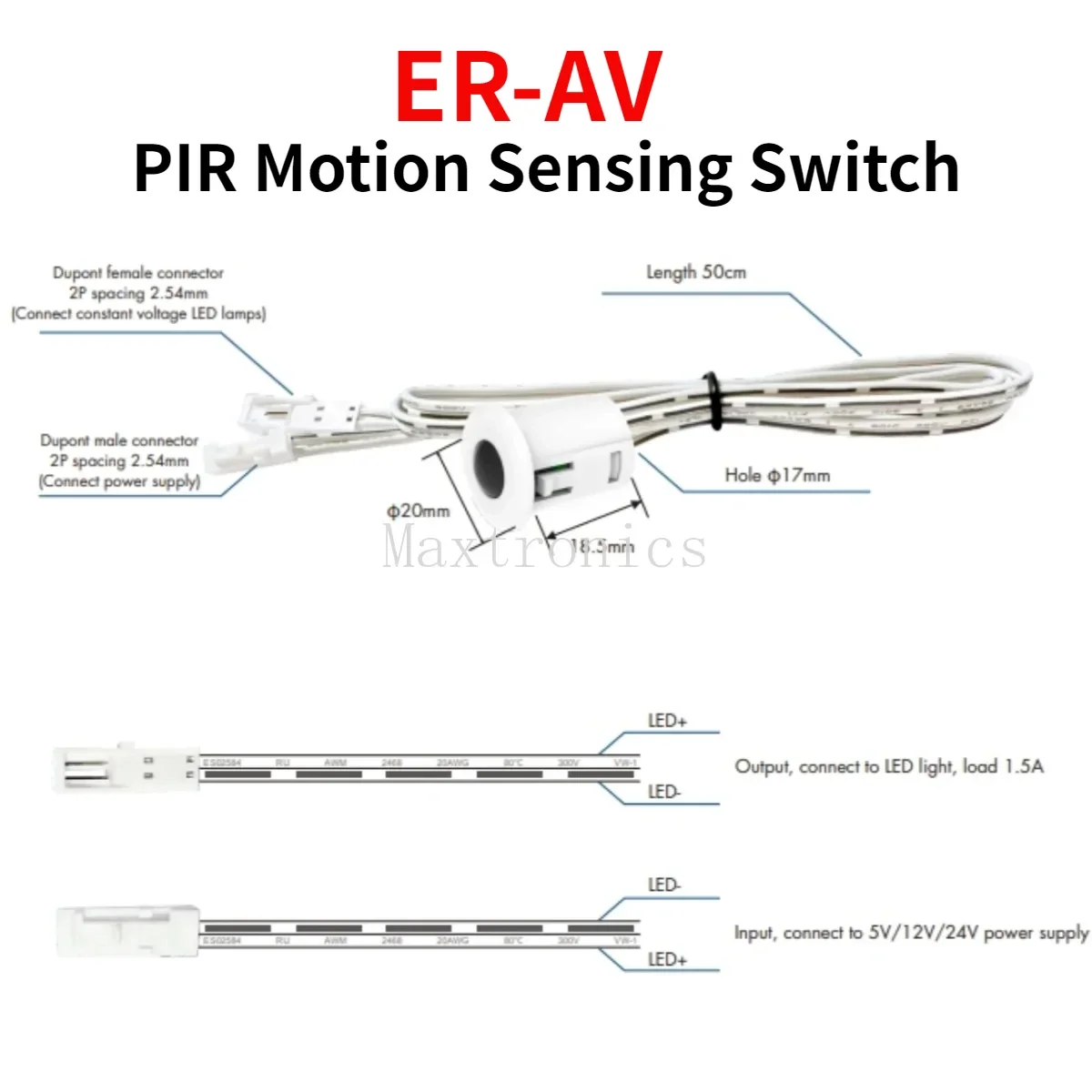 NEW 5-24VDC ER-AV PIR Motion Sensing Switch Dupont Interface Connect for Low Voltage 5050 2835 Single Color LED Strip Light