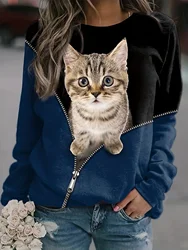 Cute Cat Sweatshirt Soft and Comfortable Long Sleeve Crew Neck Design for Casual Wear - Perfect for Ladies and Girls Wom