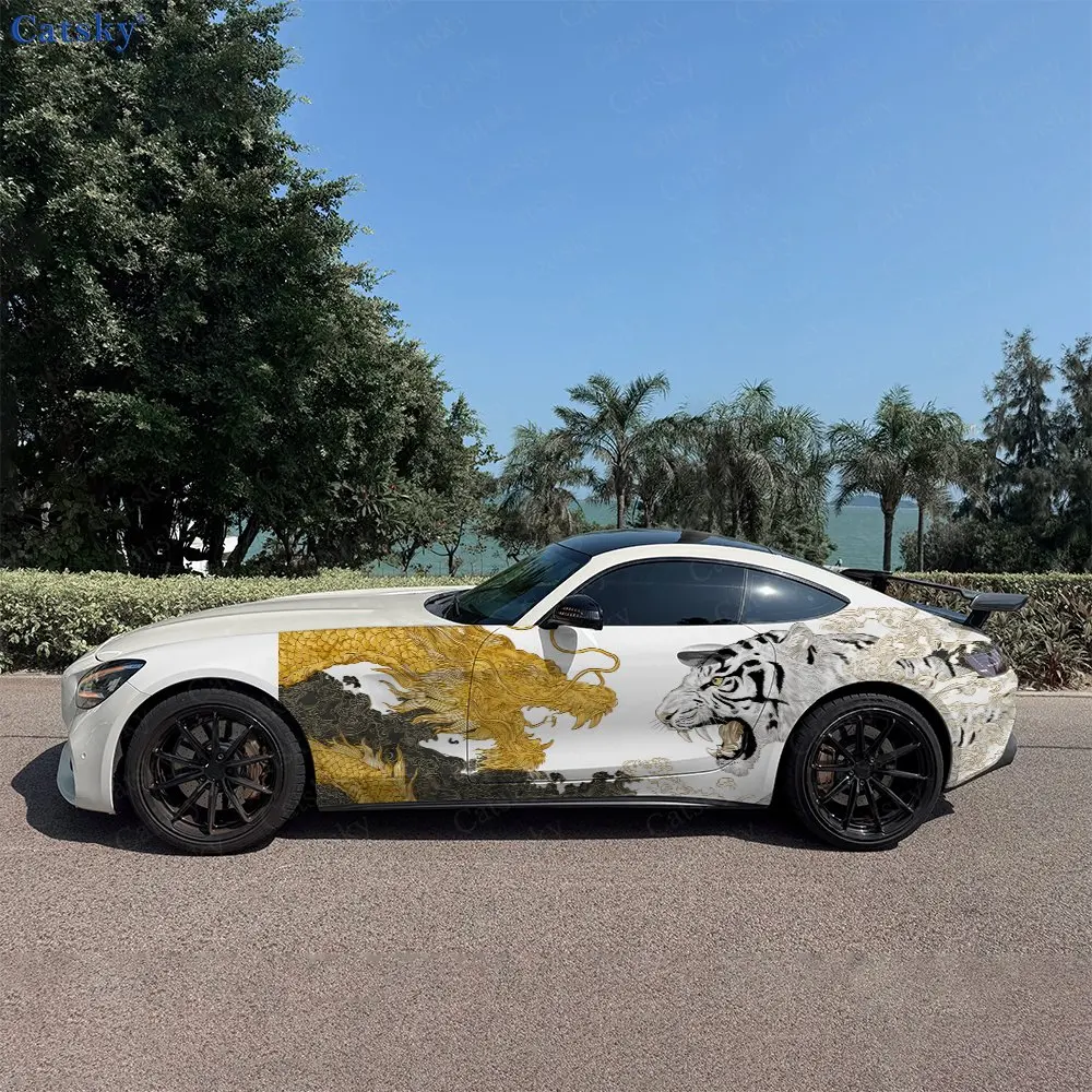 2pcs Ink Wash Style Dragon & Tiger Car Side Wraps, Self-Adhesive PVC Waterproof & Scratch-Resistant Stickers, Car Accessory Gift