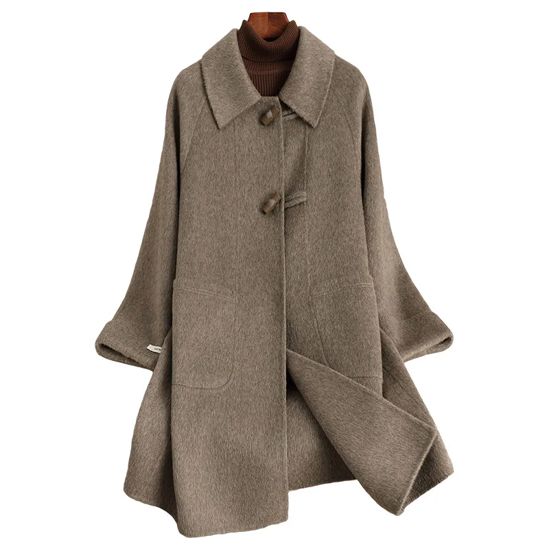 Double-sided cashmere coat women's mid-length autumn/winter 2024 new Korean version of loose high-grade horn button woolen coat
