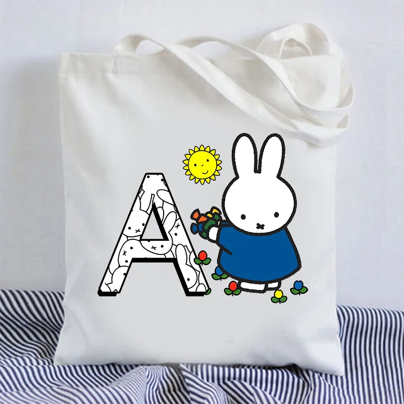 

Miffy Cartoon Handbag Letter Canvas Shopping Shoulder Bag Large Capacity Underarm Bag Fashion Man Woman Anime Storage Bags Gift