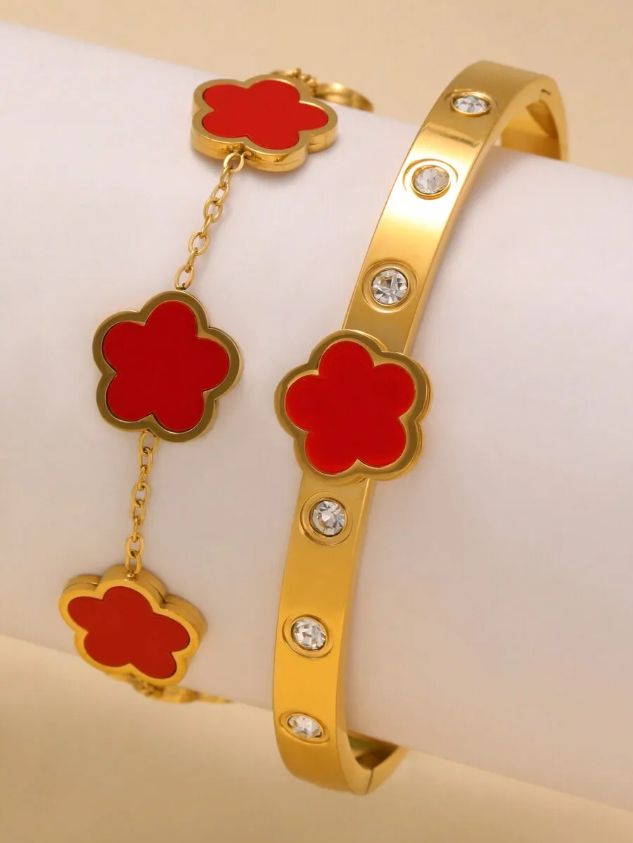 قطعتان من رقائق Cinquefoil الأنيقة + Cinquefoil مع سوار الزركونيا من الفولاذ المقاوم للصدأ لا يبهت ومناسب للارتداء اليومي