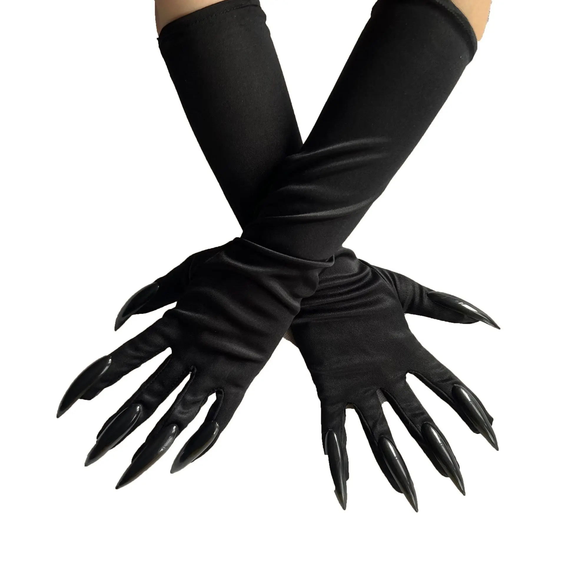 

Halloween Makeup Witch Black Nail Ghost Cat Demon Paw Gloves Cosplay Black Elastic Satin Stage Performance Women Long Mittens