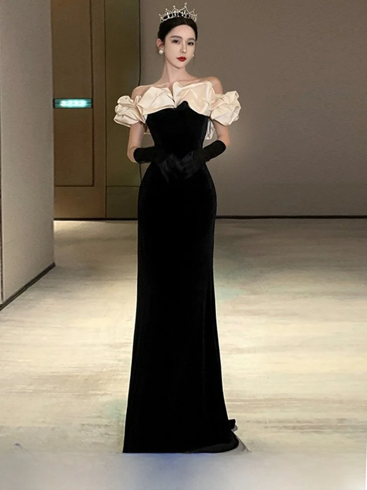 

Elegant One-Shoulder Evening Gown Hepburn Style Birthday Celebration Wedding Reception Adult Ceremony Fashion Show Off-Should...