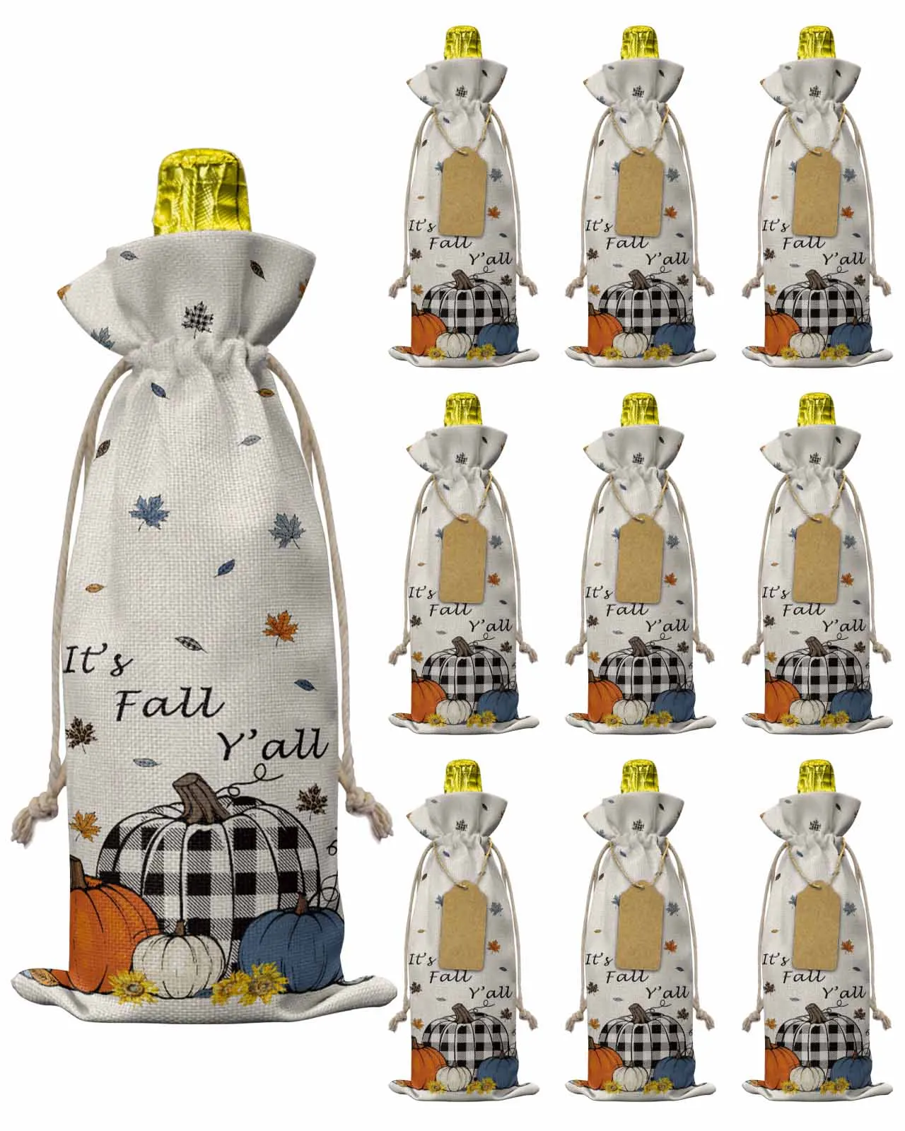 10pcs Autumn Blue Pumpkin Orange PumpkinWine Bottle Bag with Drawstring Festive Party Decor Wine Bottle Covers Gift