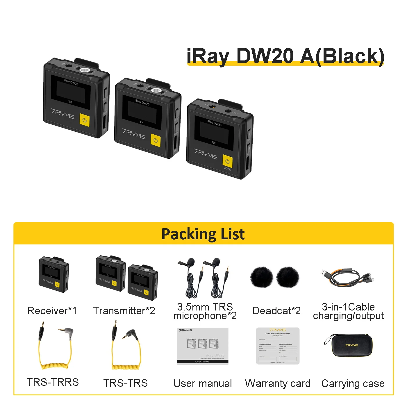 7RYMS iRay DW20 draadloze lavaliermicrofoon, 2.4G reversmicrofoon voor cameratelefoon video-interview YouTube live streaming tiktok