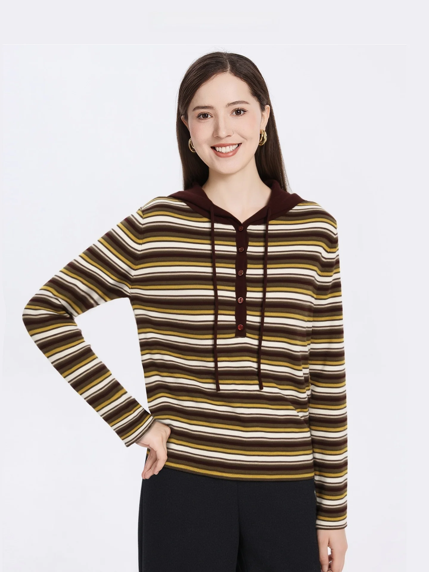 

Модная вязаная полосатая кофта с капюшоном для женщин, новая осенне-зимняя модель, из полиэстера, шерсти и акрила, с длинными рукавами