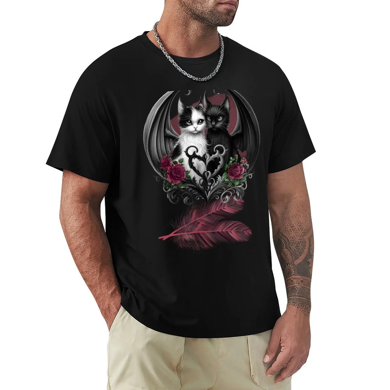 

Gothic Cats and Roses Valentine Black T-Shirt baggy shirts vintage t shirts customizeds men t shirts