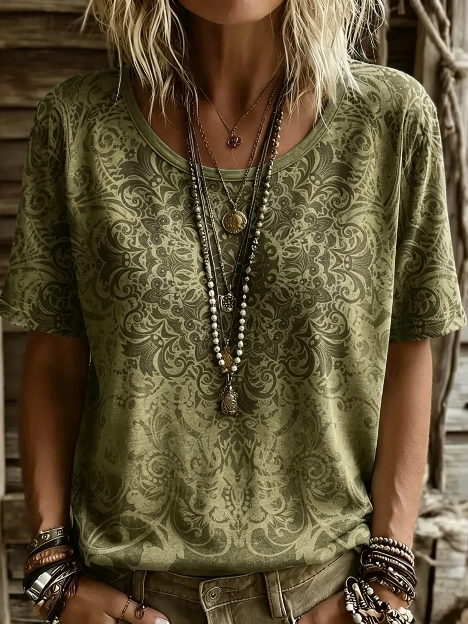 T-shirt à col rond pour femme, imprimé floral vert Paisley, hauts décontractés à manches courtes, tenue quotidienne vintage pour le printemps et l'été