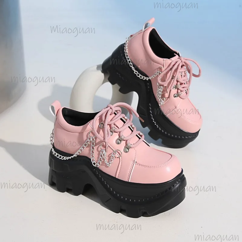 Gothic Punk Women's Platform Shoes Round Toe Lace-up Pink Chunky Sneakers Pu Leather Height Increasing Fashion Shoes for Women image 3