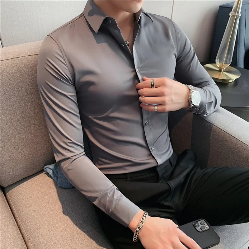 Men's Long sleeved Shirt 2024 Solid Color Business Dress Comfortable Slim Fit Flip Collar Men's Top Fashion Trend Classic Shirt