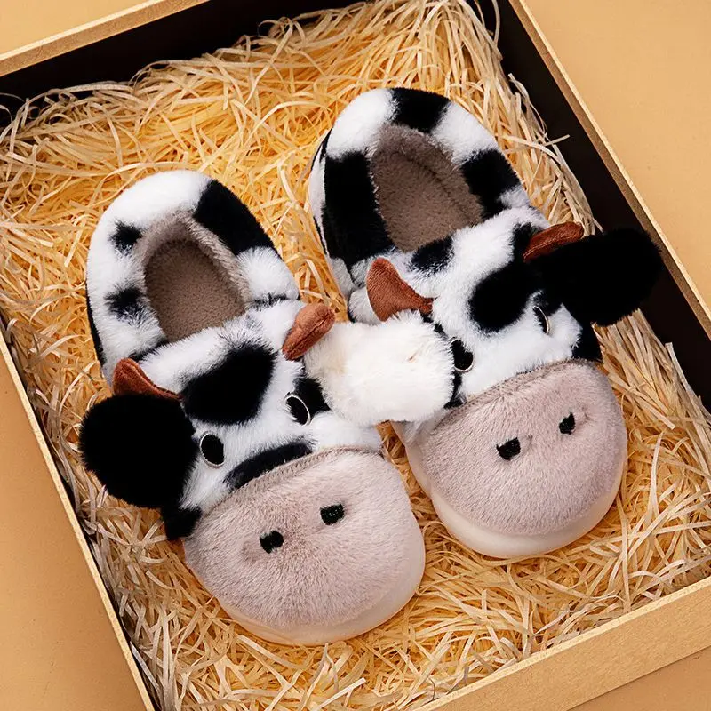 

Winter Men Warm Cow Fluffy Slippers for Couples Neutral Comfortable Cotton Slippers ,Thick-soled Plush Indoor Home Slippers