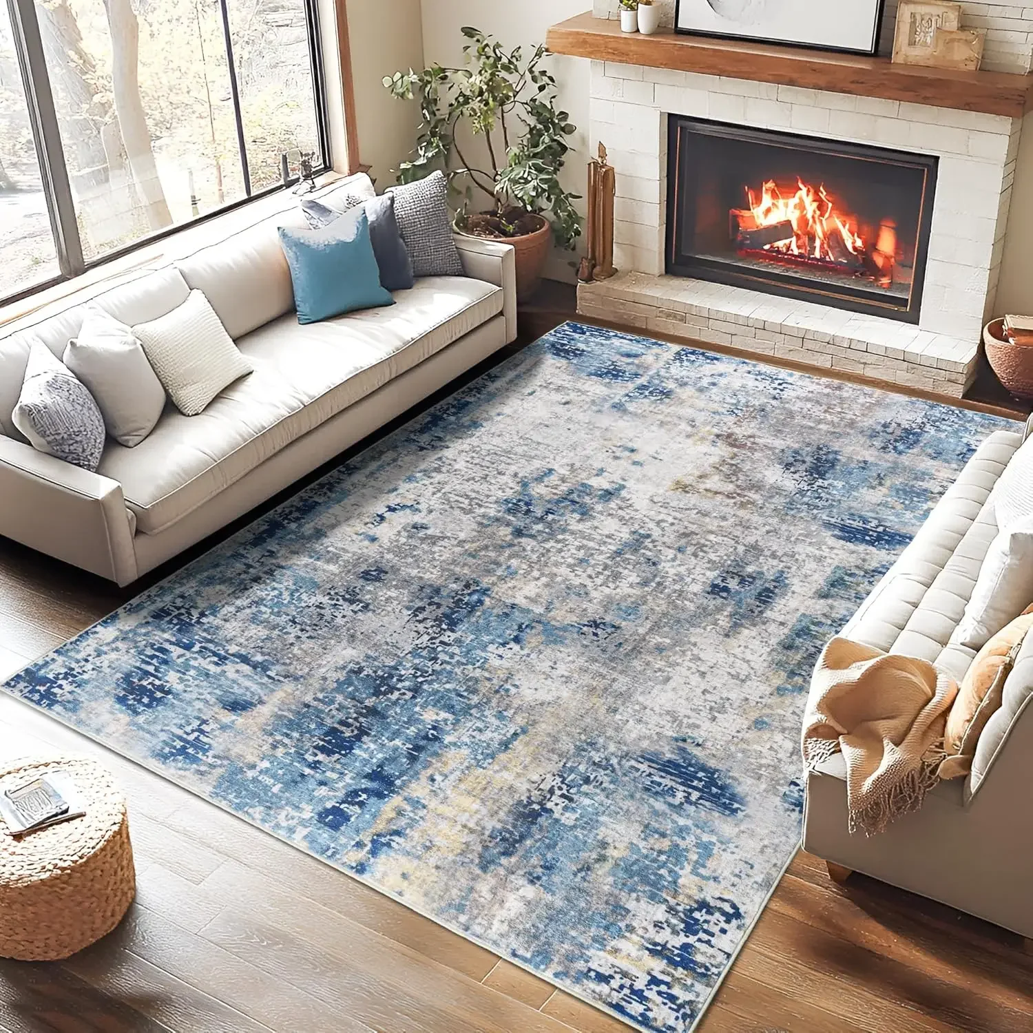

VIKAMA Modern Abstract Washable Area Rugs for Bedroom Stain Resistant Non Slip Large Blue Soft Indoor Carpet for Home Decor