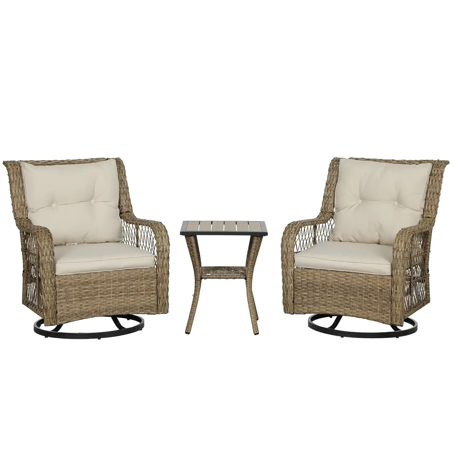 

Wicker 3pc Bistro Set Swivel Glider Chairs 2-Tier Table Cushions Balcony Porch Backyard Customized