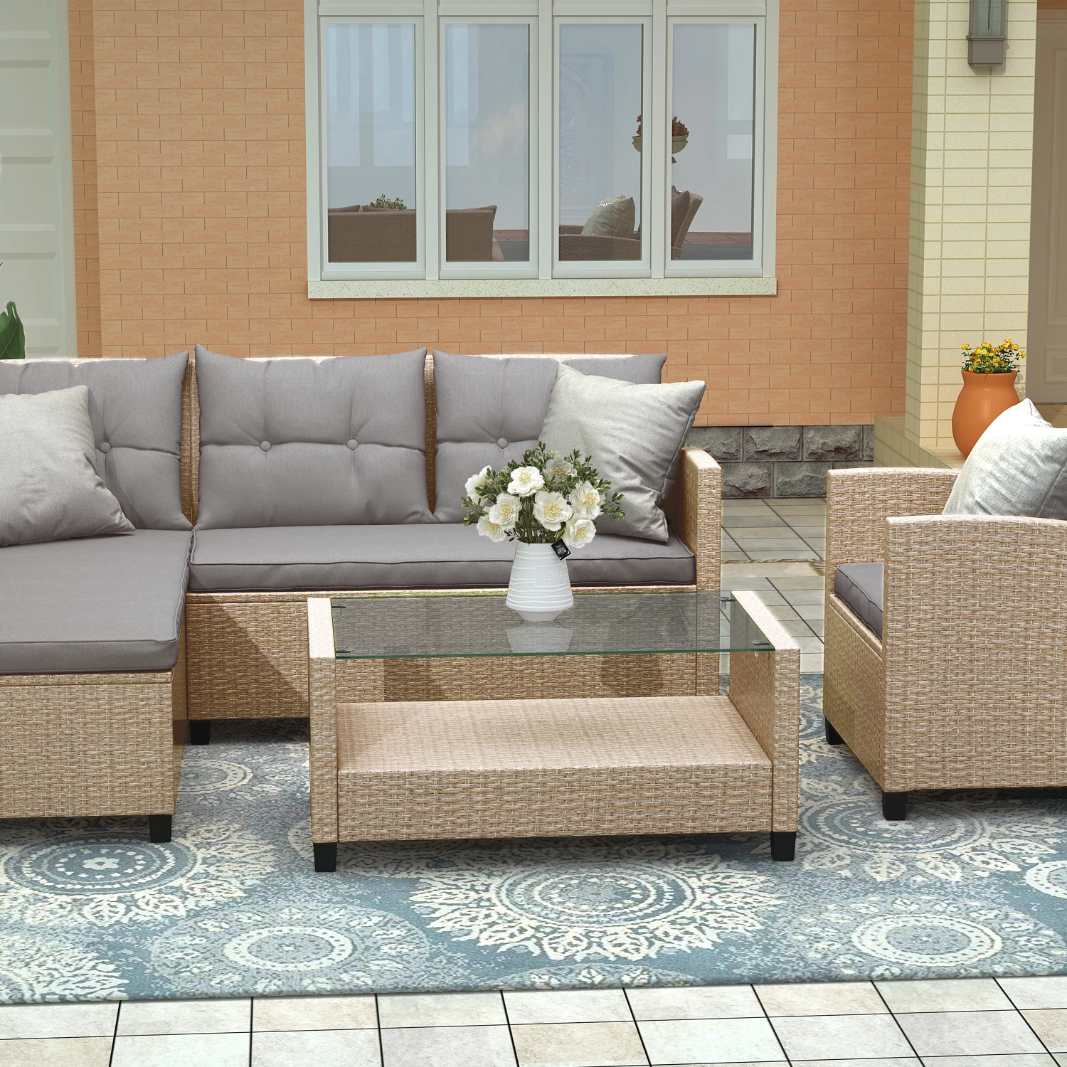 U_STYLE Outdoor, Patio Furniture Sets, 4 Piece Conversation Set Wicker Ratten Sectional Sofa with Seat Cushions(Beige Brown)