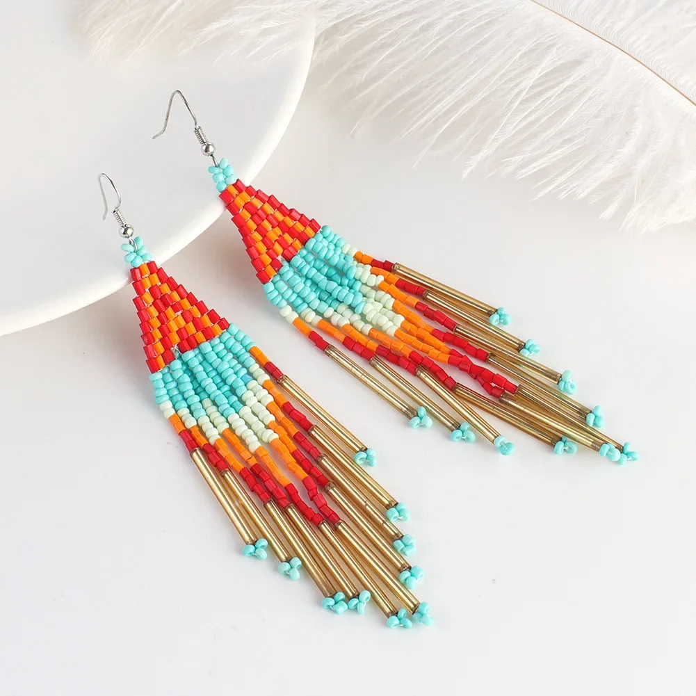 

Fringe Earrings Hand beading weave Bohemia Color matching Long tube originality fashion alloy ma'am Rice Bead Earrings