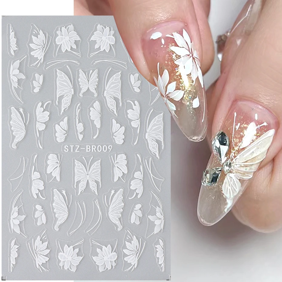 2pcs White Flower 3D Nail Sticker Elegant Petal Floral Adhesive Slider Wedding Design Cute Butterfly Daisy Nail Art Decal Decor