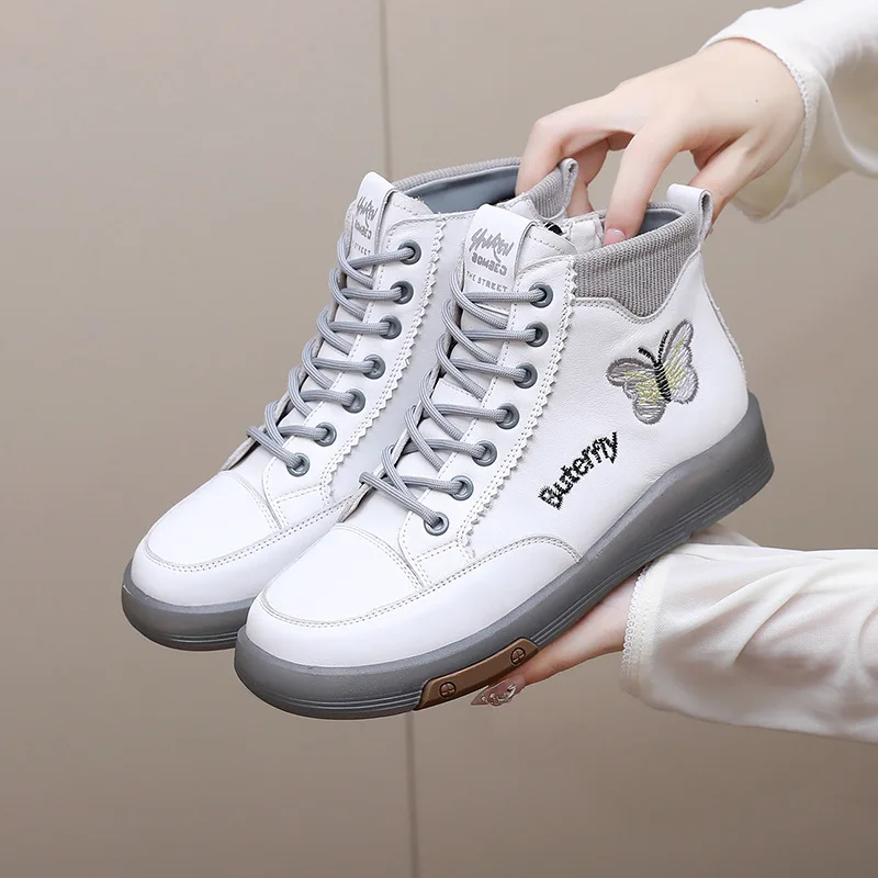 Women's Casual Jogging Shoes New Short Boots Genuine Leather Autumn High Top Women's Shoes Casual Versatile Retro Sports Shoes