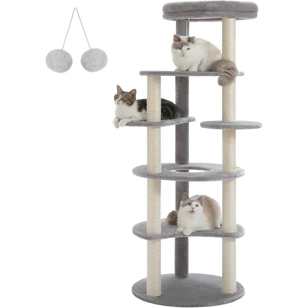 

61" Cat Tree for Indoor Cats, [6-Levels] Cat Climbing Tower with 9 Sisal Scratching Posts and Replaceable Dangling Ball