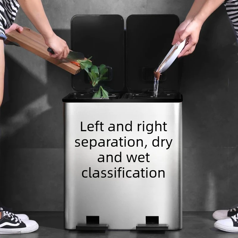 Wet-Dry Separation Trash Can Stainless Steel Pedal Waste Bin Kitchen Food Waste Disposal Dustbin Household 18/24L Wastebasket
