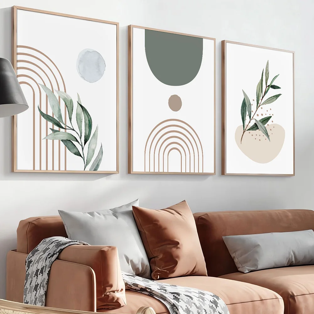 مجموعة من 3 منتصف القرن بوهو ريترو مجردة المشارك قماش طباعة الهندسة الخضراء الرسومات النباتية ورقة اللوحة الحديثة جدار الصورة