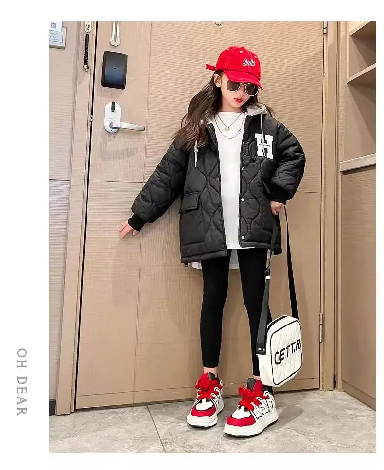 Girls Plus Fleece Coat New Teenagers Children Loose Fashion Cotton-Padded Jacket Girl Printed Letter Hooded Jacket Loose Top