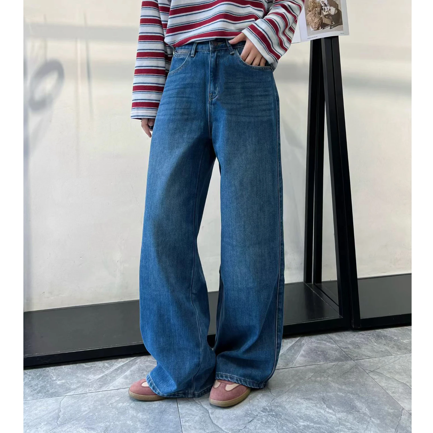 

Thiened Fce Long Straight Leg Jeans Women's Autumn Winter High Waist Loose Wide Leg Blue Cotton Polyester Blend Casual P...