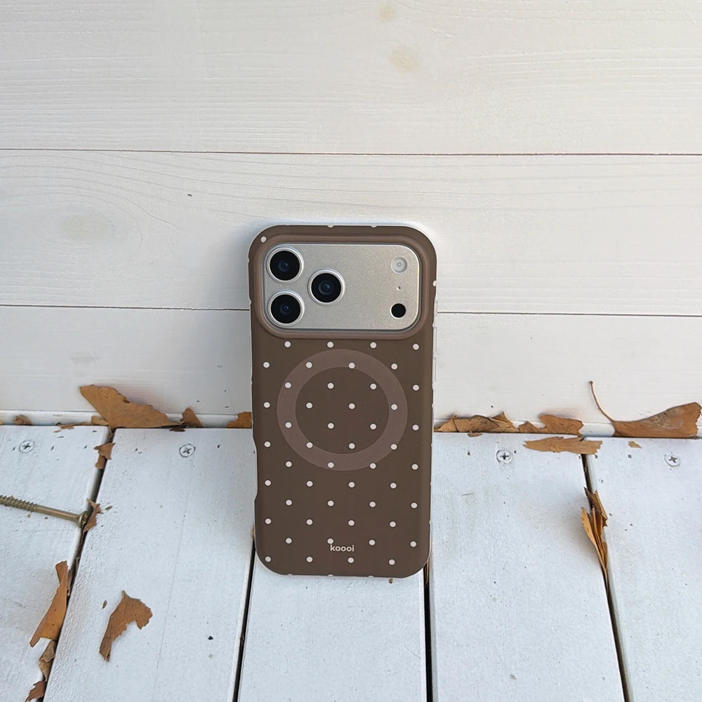 Luxuriöse braune weiße Polka Dot-Muster-Magnet-Handyhülle für iPhone 13, 14, 15, 16, 17 Pro Max, stoßfeste, niedliche Abdeckung für Magsafe-Hülle – Detail 15