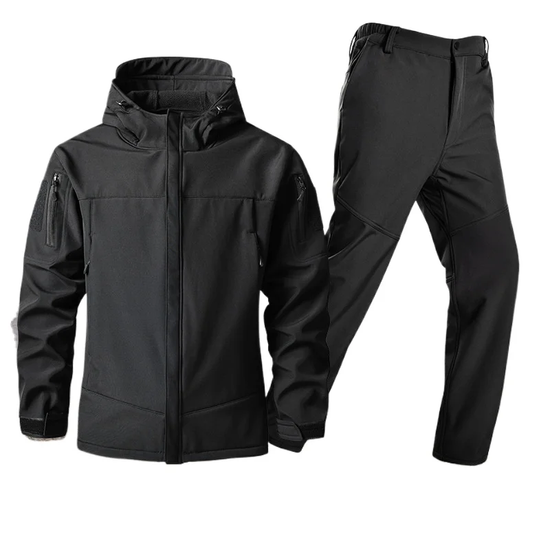 겨울용 내마모성 및 절단 방지 플리스 전술 소프트 쉘 방수 다중 포켓 안티 샤크 스킨 재킷 및 카고 팬츠