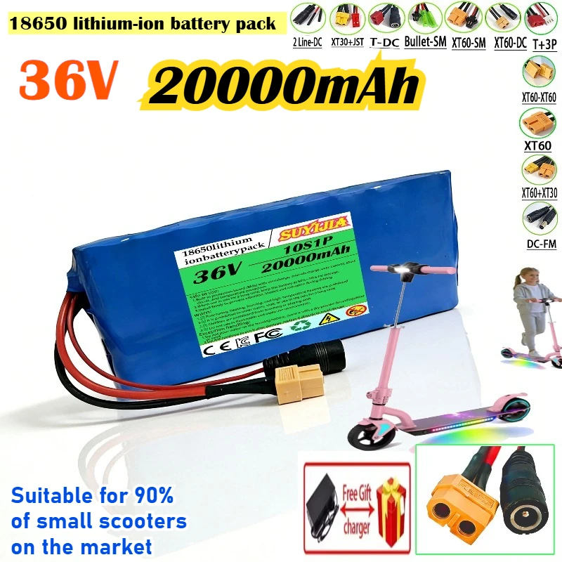 

36V 20Ah Li-Ion Battery Pack 18650 BMS Protected Electric Scooter Battery with XT60/DC Port Free 42V 2A Electric Scooter Charger