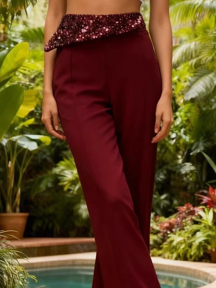 Elegant Solid Color Pocket Straight Pants New Women Casual Simple Party Long Trousers Fashion Sequins Spliced High Waist Pants