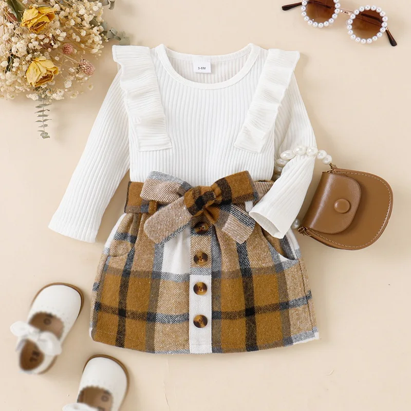 

Autumn Winter Children Set Girls Skirt Solid Color Long Sleeved Sweater + Contrasting Colors Checkered Skirt Christmas Girls set