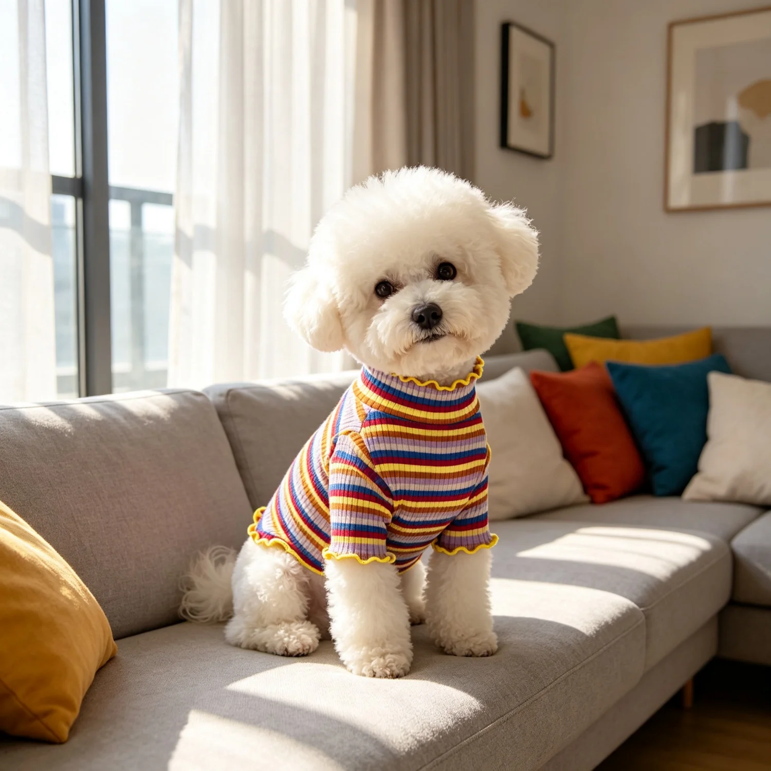 Gestreiftes Strick-Hundehemd mit niedlichem Bärenmotiv, Haustierkleidung, weiches geripptes Welpen-Outfit für Bichon Frise und Teddy. – Detail 5