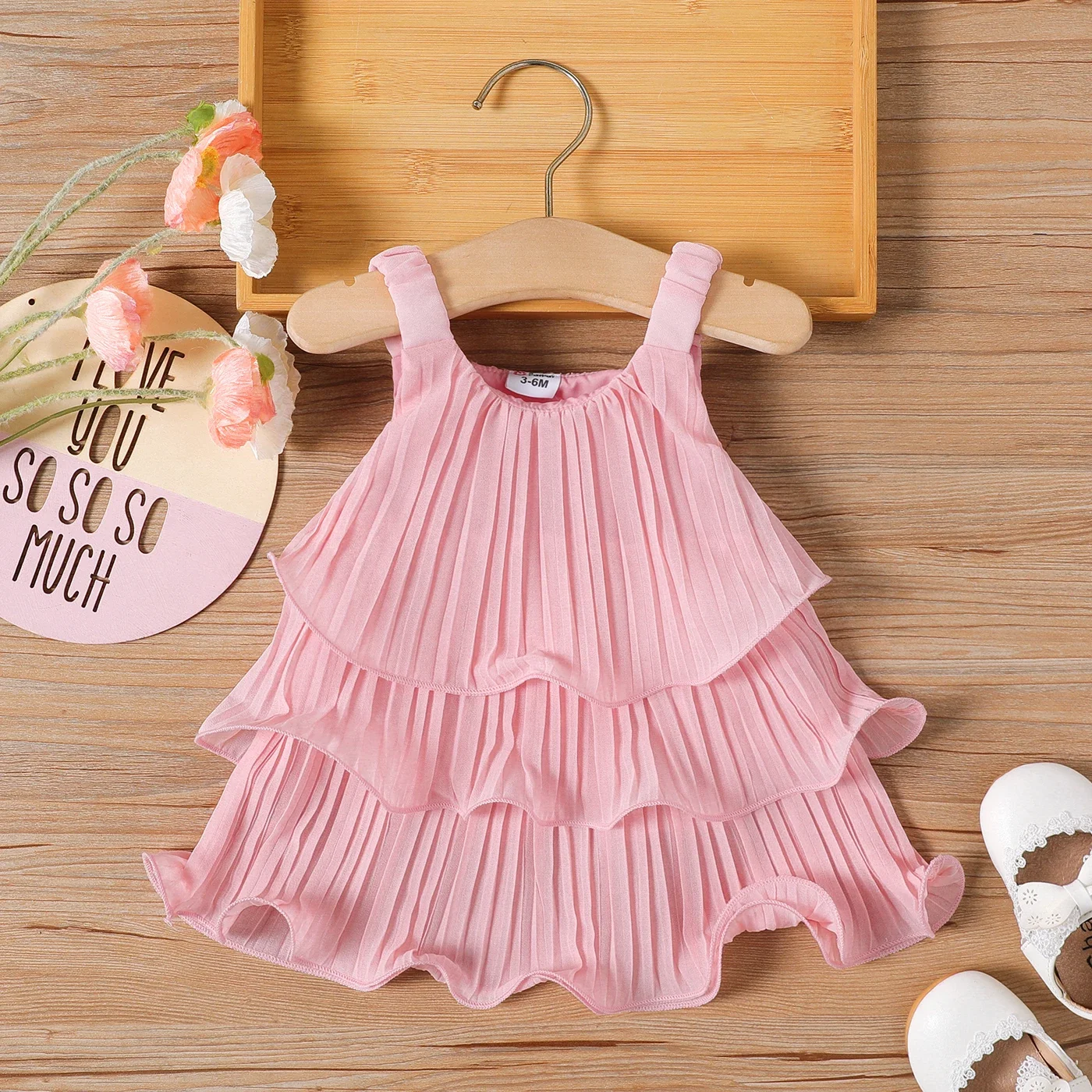 PatPat Baby Girl Pink Lettuce Trim Layered Pleated Dress  Casual/Outdoor Sweet Solid color Soft and Comfortable