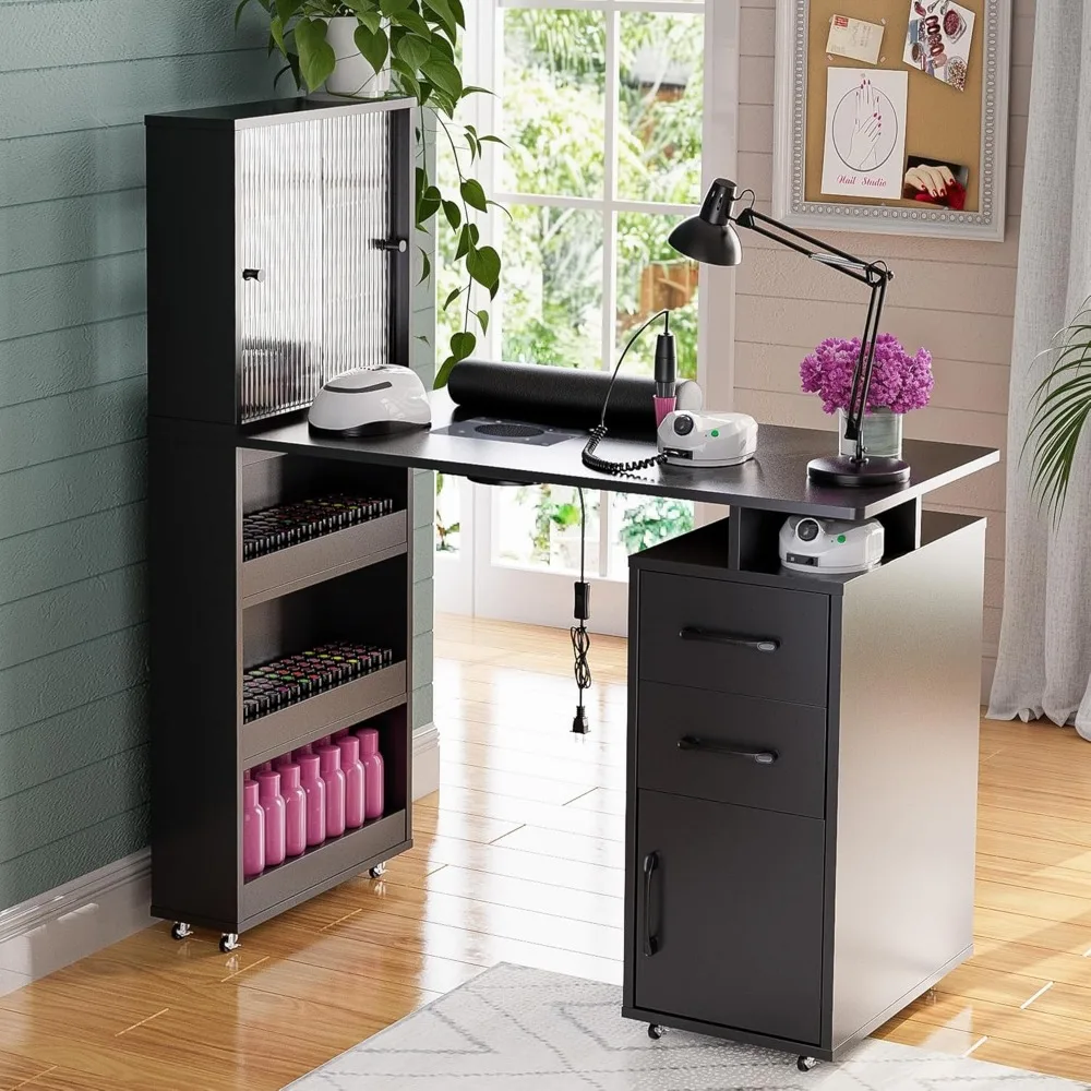 

Маникюрный стол Стол для ногтей со стеклянной дверью Шкафы для хранения и подставкой для запястий, рабочая станция для салона красоты, устойчивая к ацетону, с пылезащитным колллом